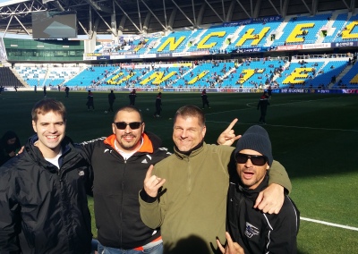 Ethos College President, Chris Campasano, and Sr. Director of Recruiting, Mark Lincir, attending a Incheon United match with Ethos Scout, Kely Jacobson, and David Snipes, from Chadwick International School in Songdo.